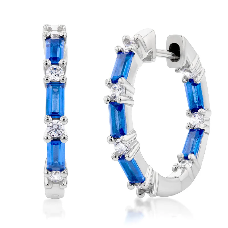 Earrings & Earrings for brass styles-Sterling Silver Sapphire-Blue & White Cubic Zirconia Hoop Earrings