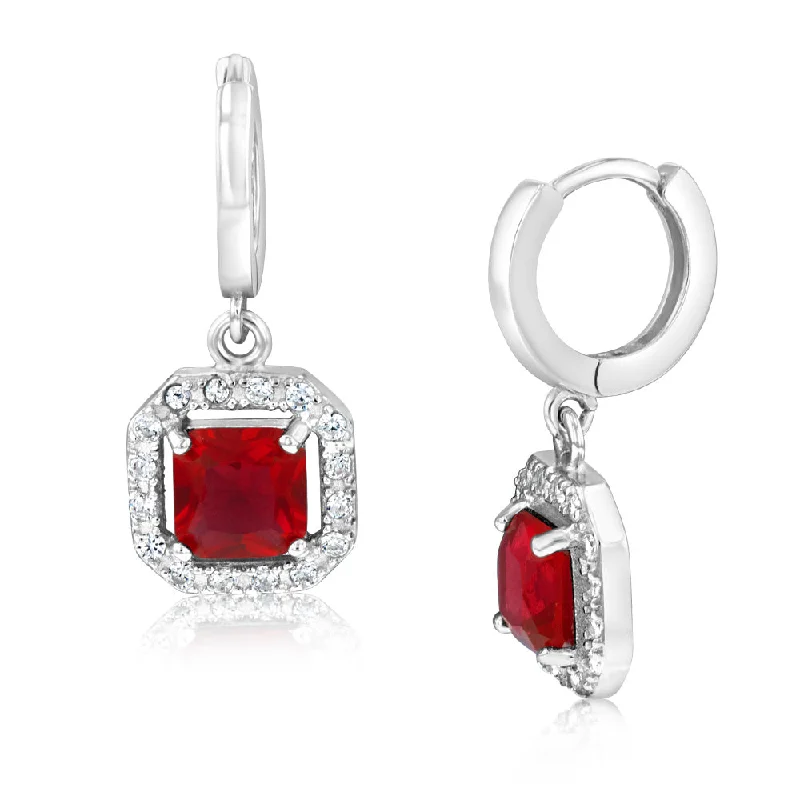 Earrings & Earrings for travel jewelry-Sterling Silver Square Created Ruby And Zirconia Drop Earrings