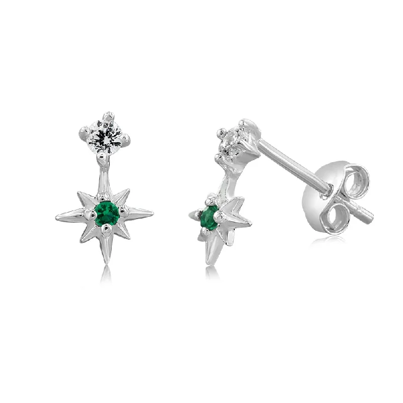 Earrings & Earrings for daily wear-Sterling Silver Star Emerald Glass And White Cubic Zirconia Studs Earrings