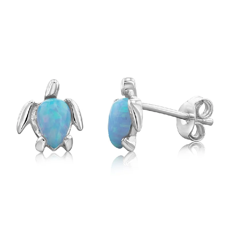 Earrings & Earrings for wedding guests-Sterling Silver Turtles Blue Opal Glass Studs Earrings