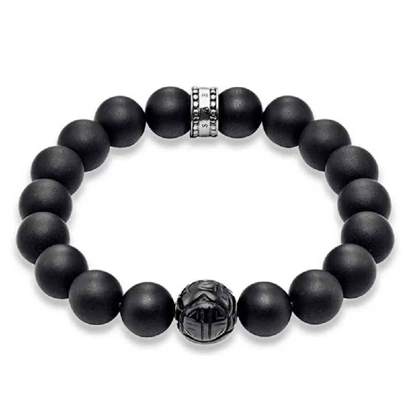 Thomas Sabo Rebel Sterling Silver Matt Obsidean Carved Bead 19cm Bracelet