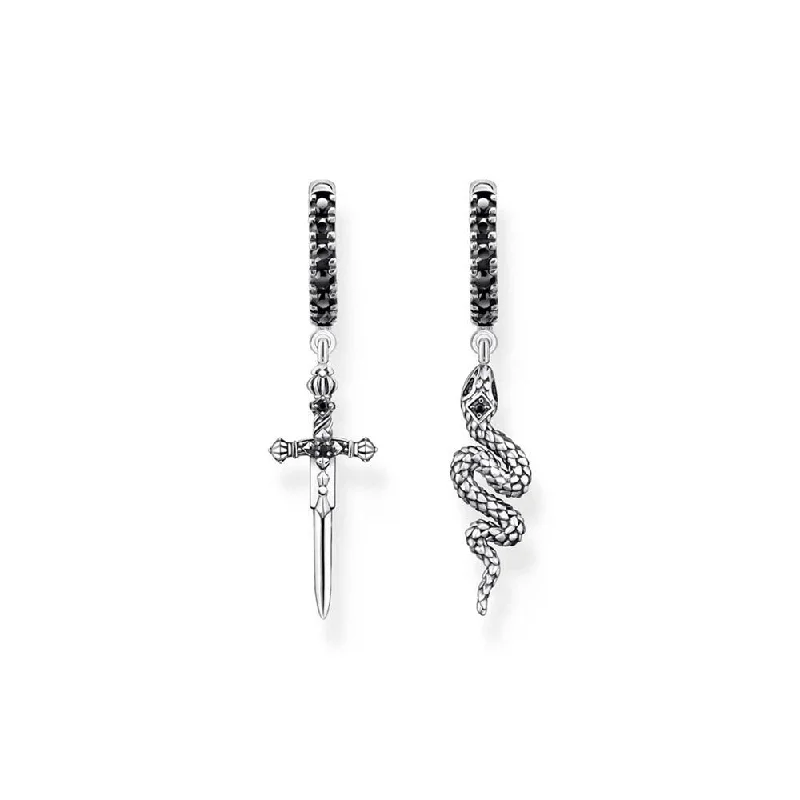 Earrings & Earrings for pastel tones-Thomas Sabo Sterling Silver Rebel Snake And Sword Black CZ Mismatch Earrings