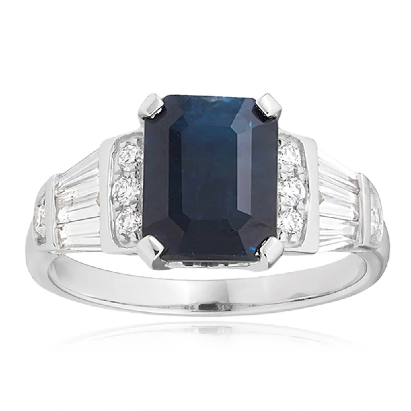 18ct White Gold Natural Black Sapphire 3.00ct Emerald Cut Ring with 0.50ct Diamonds