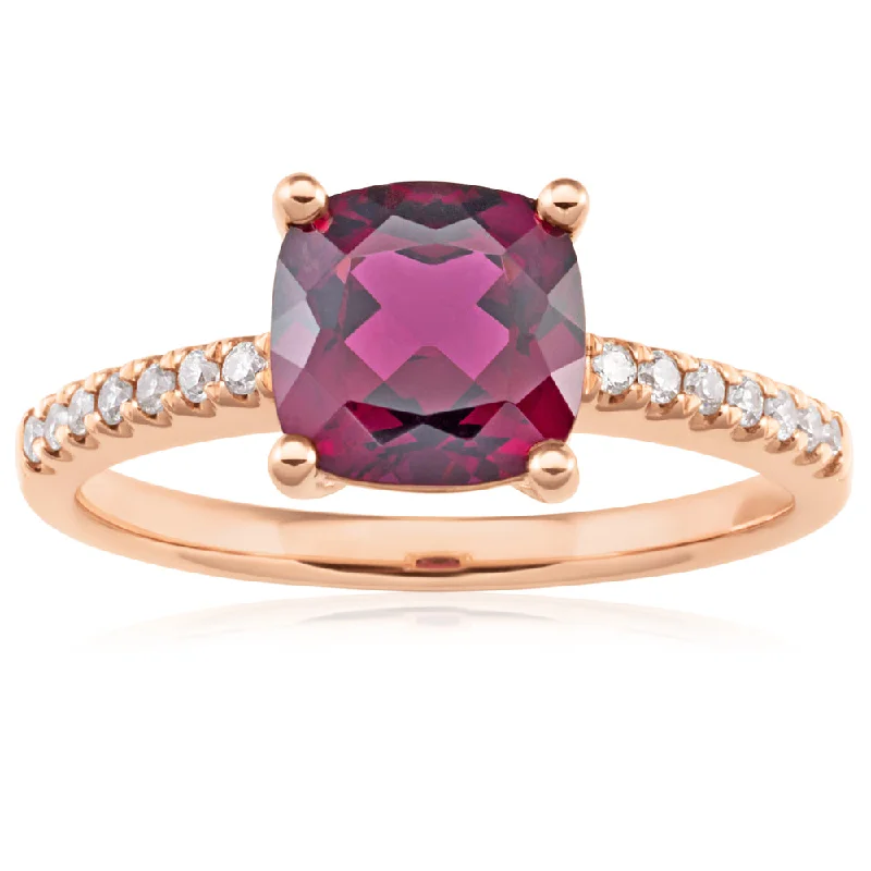 9ct Rose Gold 7mm Cushion Cut Rhodolite Garnet Ring with 0.11ct Diamonds