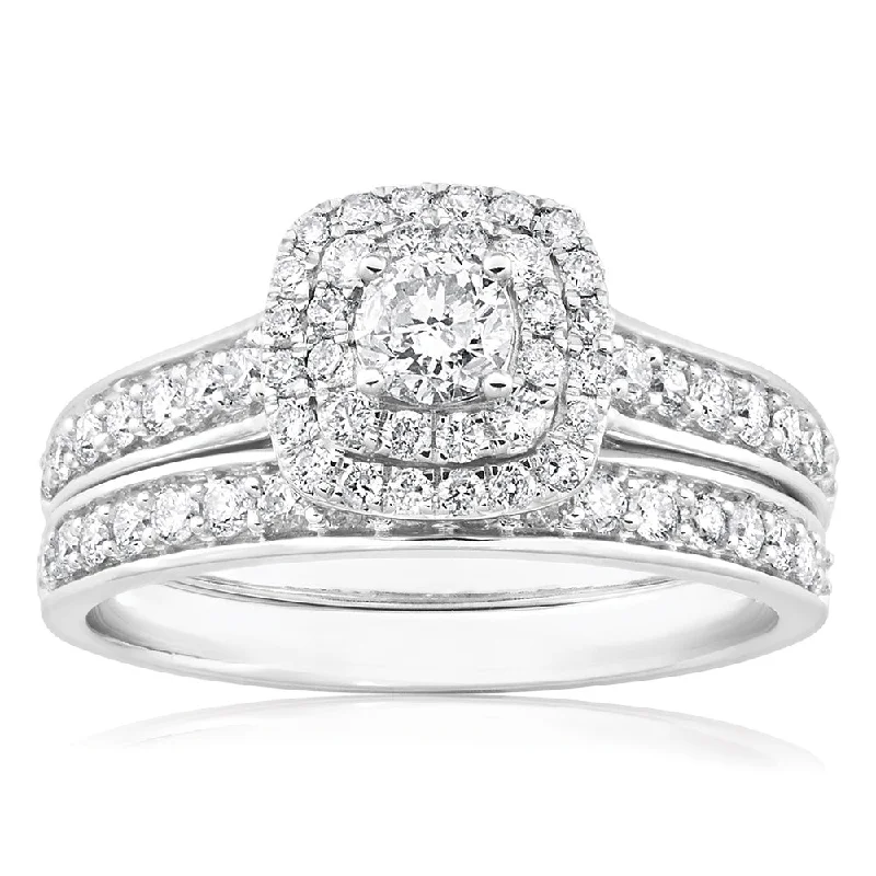 9ct White Gold 2 Ring Bridal Set With 65 Diamonds Totalling 1 Carat