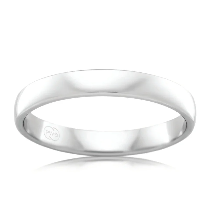 9ct White Gold 3mm Classic Barrel Ring. Size R