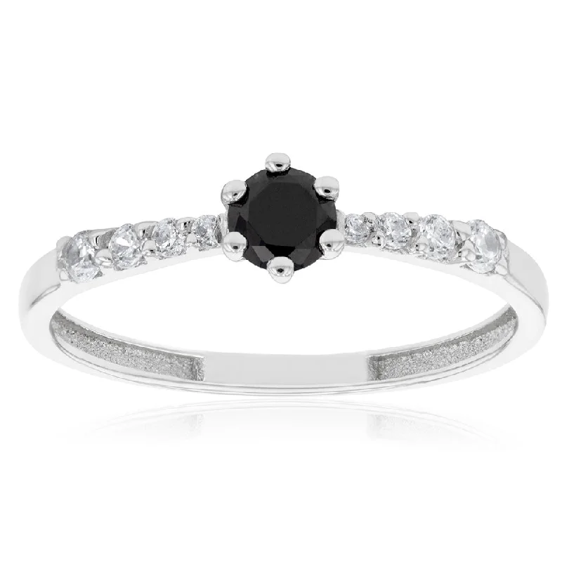 9ct White Gold Black Zirconia Solitaire Fancy Channel Ring