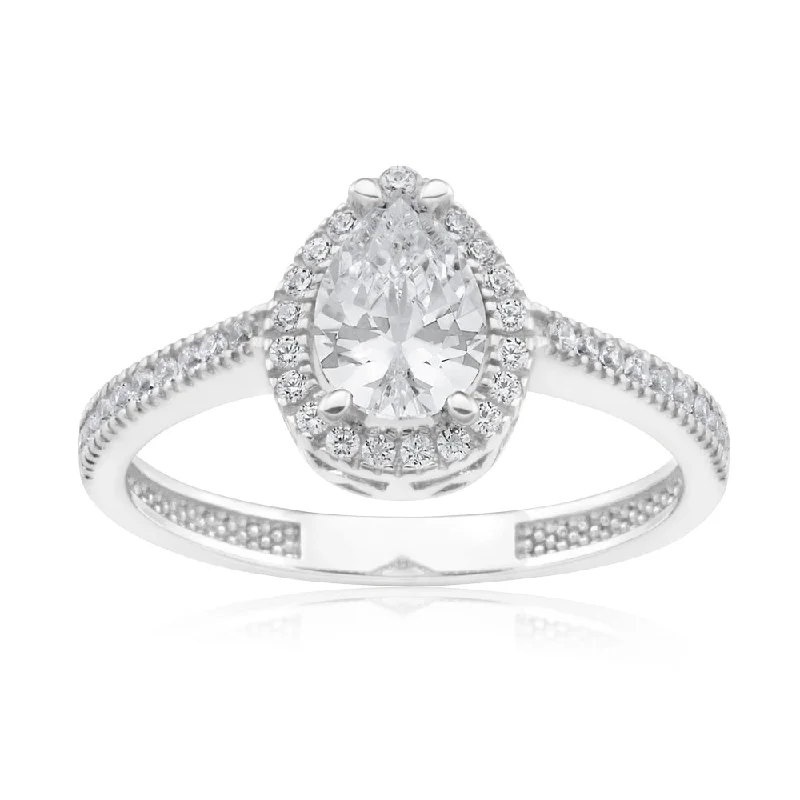 9ct White Gold Zirconia Pear Shaped Halo Ring