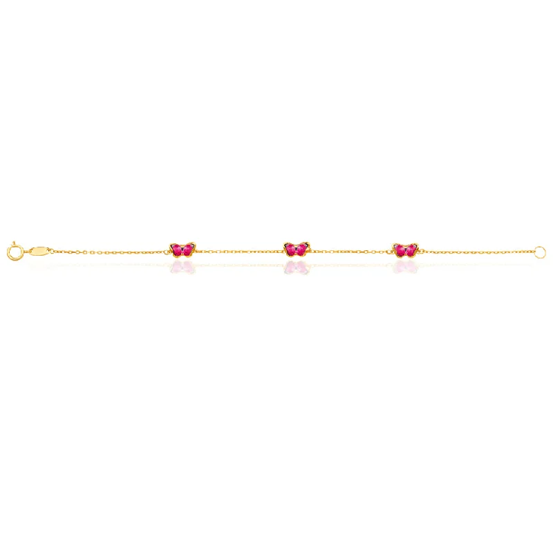 9ct Yellow Gold 16cm Bracelet with 3 Red Enamel Butterflies