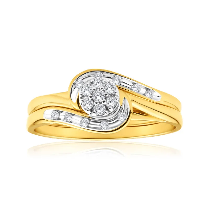 9ct Yellow Gold 2 Ring Bridal Set With 0.15 Carats Of Light Champagne Diamonds