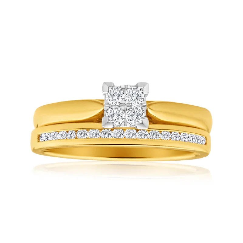 9ct Yellow Gold 2 Ring Bridal Set With 22 Diamonds Totalling 0.25 Carats