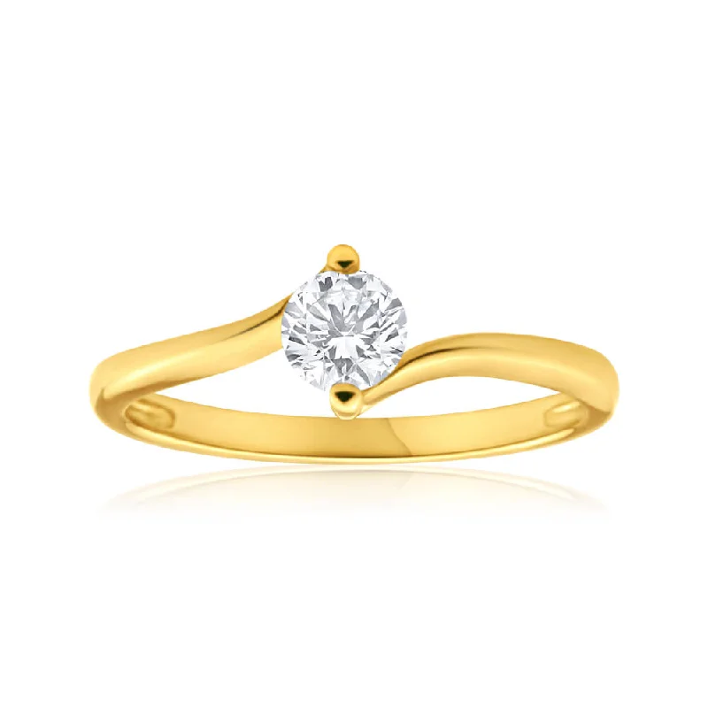 9ct Yellow Gold 4mm Cubic Zirconia Single Stone Swirl Ring