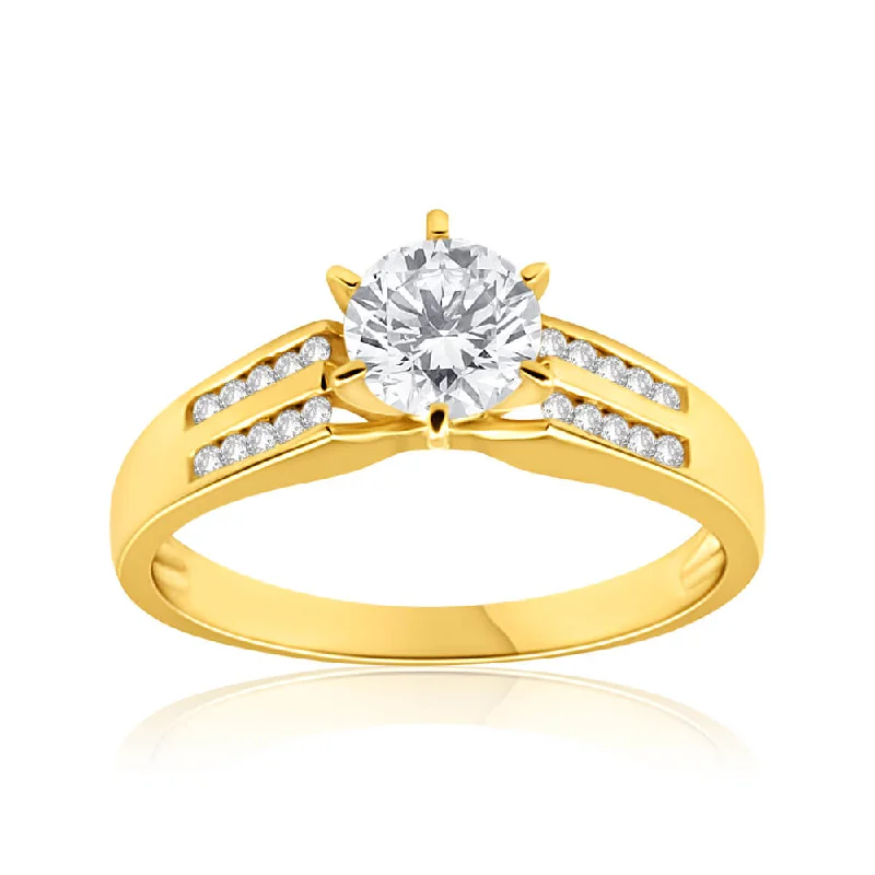 9ct Yellow Gold 6mm Solitaire and Channel Set Cubic Zirconia Ring