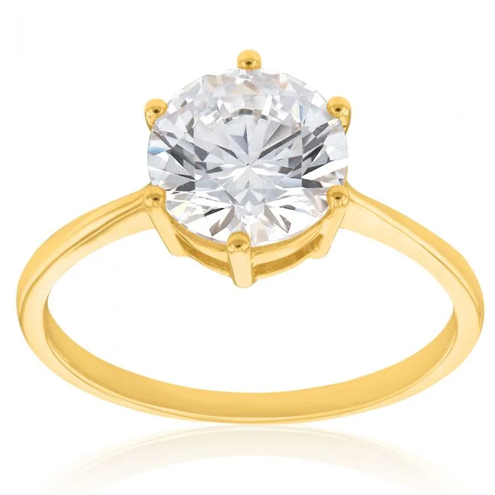 9ct Yellow Gold 8mm Zirconia 6 Claw Solitaire Ring