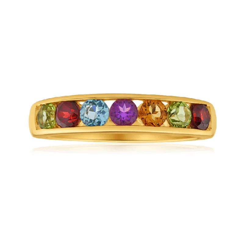 9ct Yellow Gold Amethyst + Blue Topaz + Citrine + Garnet + Peridot Ring