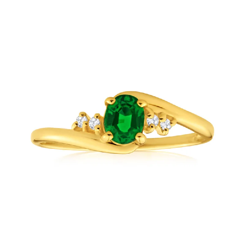 9ct Yellow Gold Created Emerald + Cubic Zirconia Ring