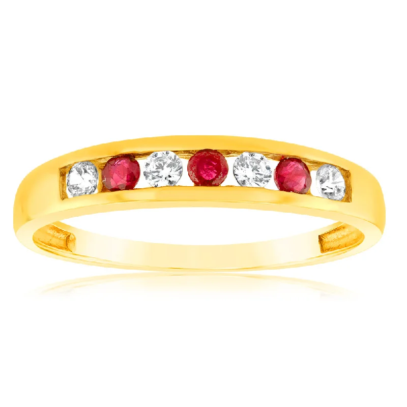 9ct Yellow Gold Created Ruby and Cubic Zirconia Channel Set Ring