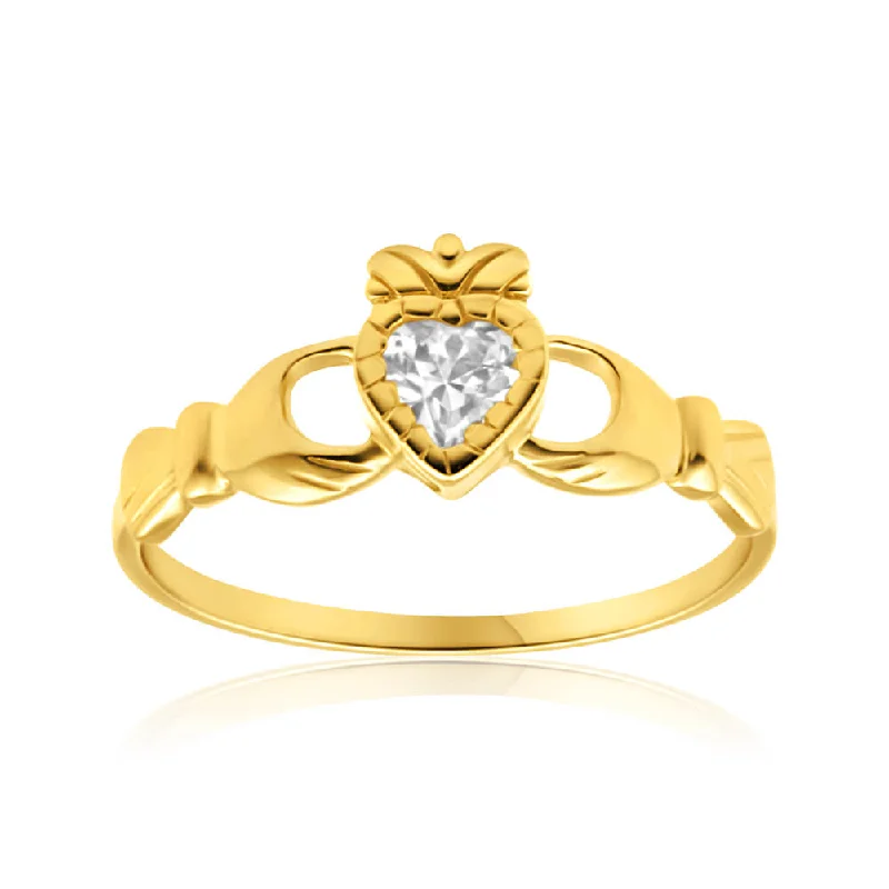 9ct Yellow Gold Cubic Zirconia Heart Claddagh Ring