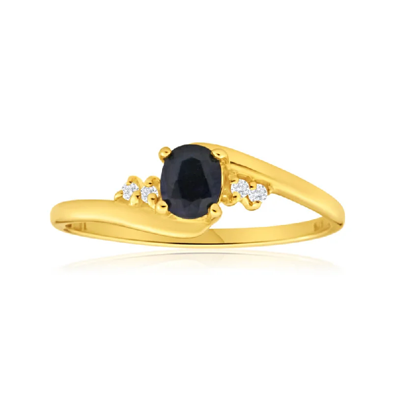 9ct Yellow Gold Cubic Zirconia + Natural Black Sapphire Ring