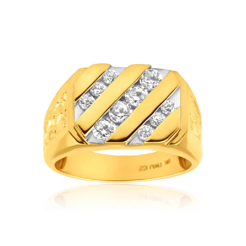 9ct Yellow Gold Diagonal Row Channel Set Cubic Zirconia Gents Ring