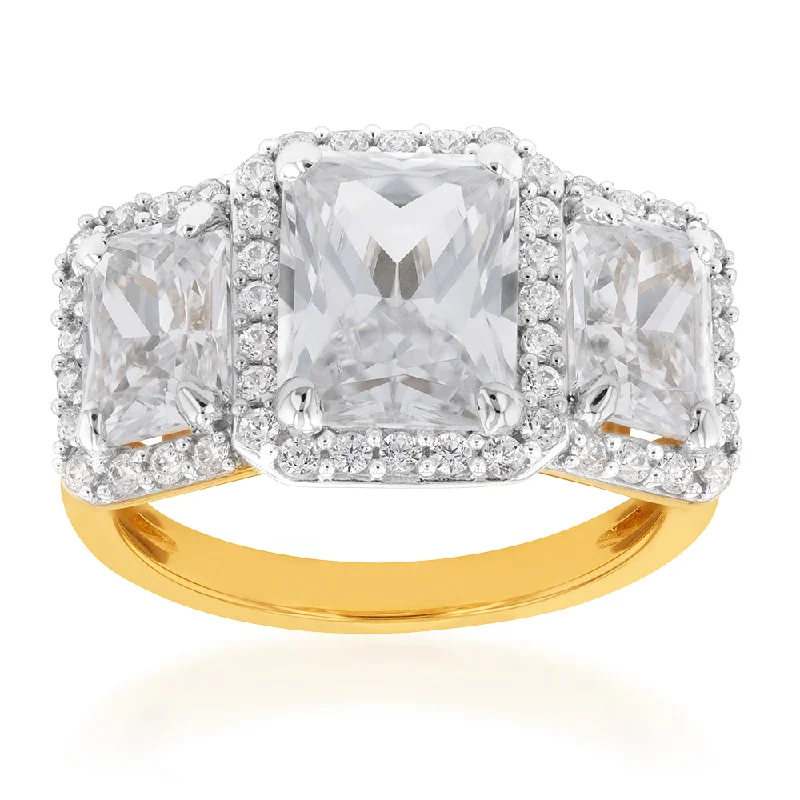 9ct Yellow Gold Emerald Cut Zirconia Trilogy Ring