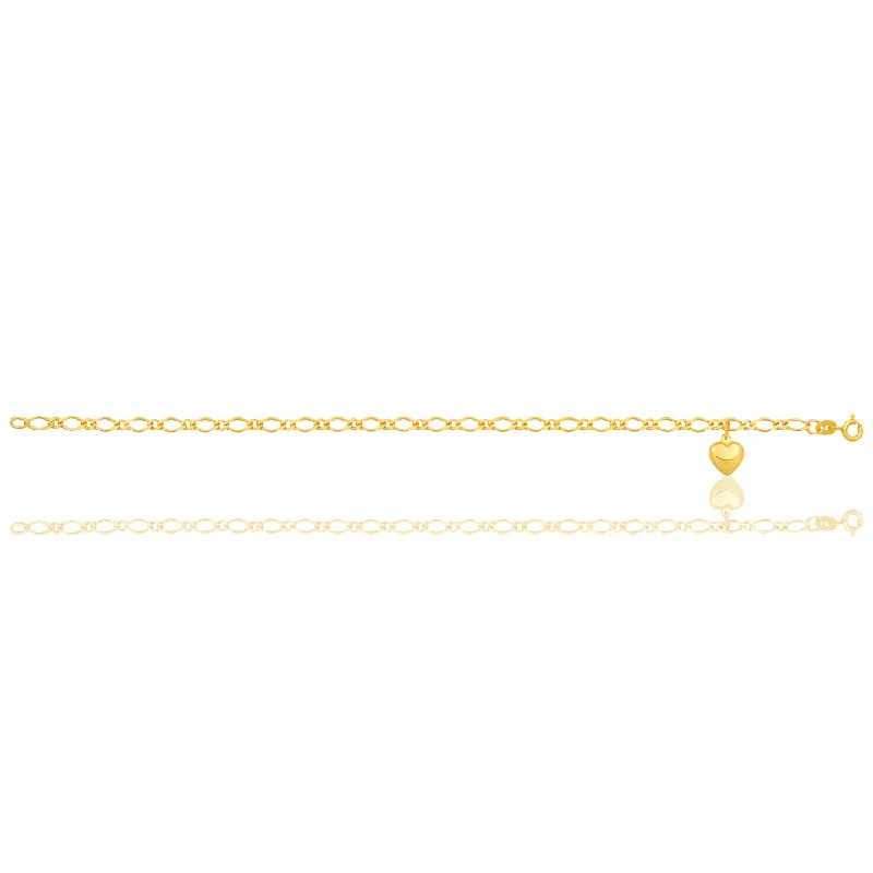 9ct yellow gold fancy figaro 18.5cm bracelet with a heart charm