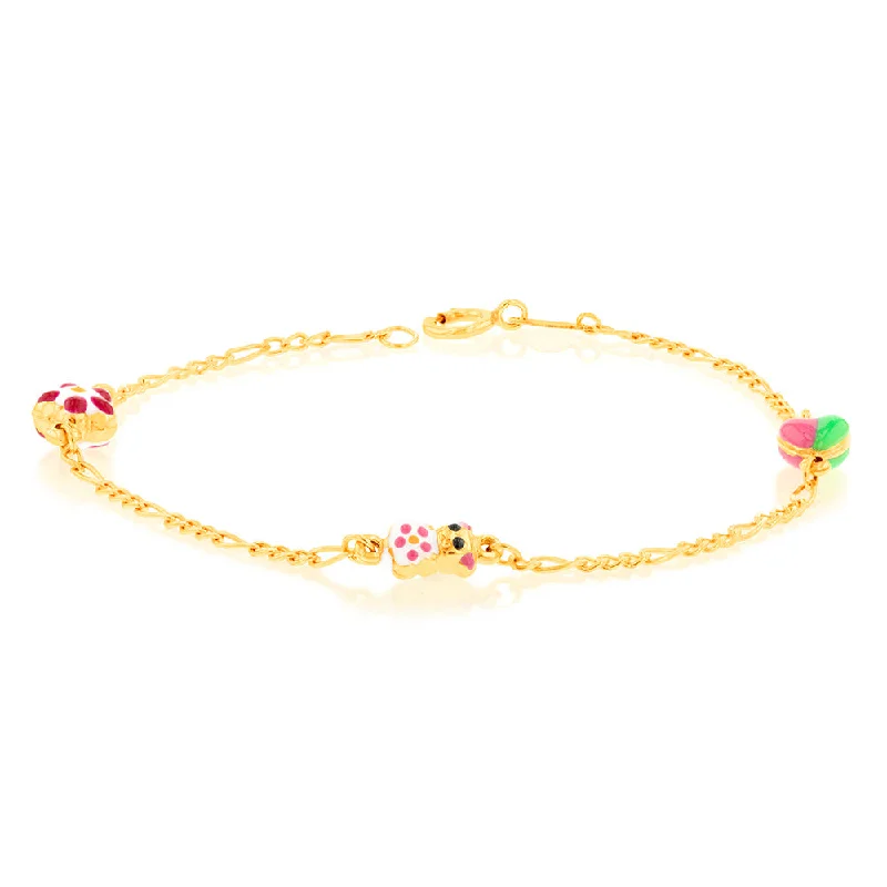 9ct Yellow Gold Figaro 1:3 Heart Kids Beads 15cm Bracelet