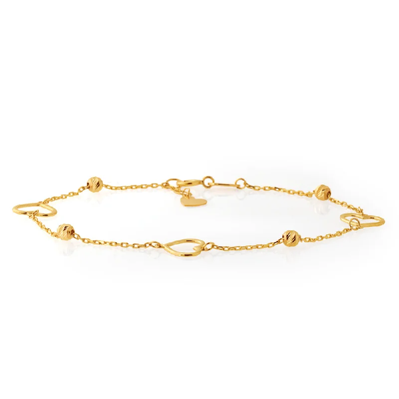 9ct Yellow Gold Heart and Bead 19cm Bracelet