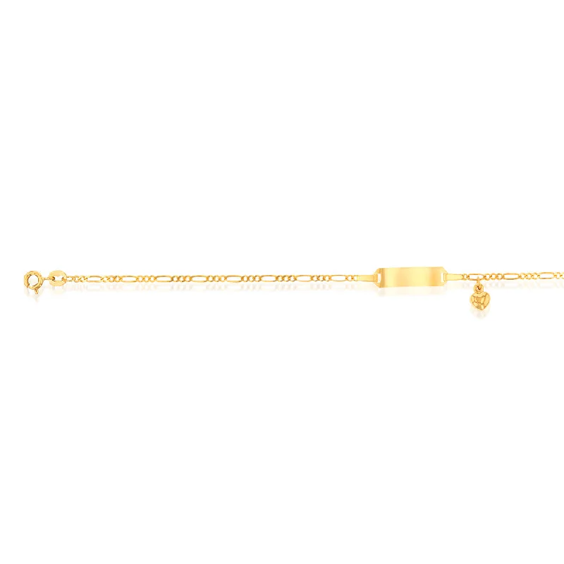 9ct Yellow Gold ID Heart Charm 50 Gauge 1:3 Figaro 19cm Bracelet