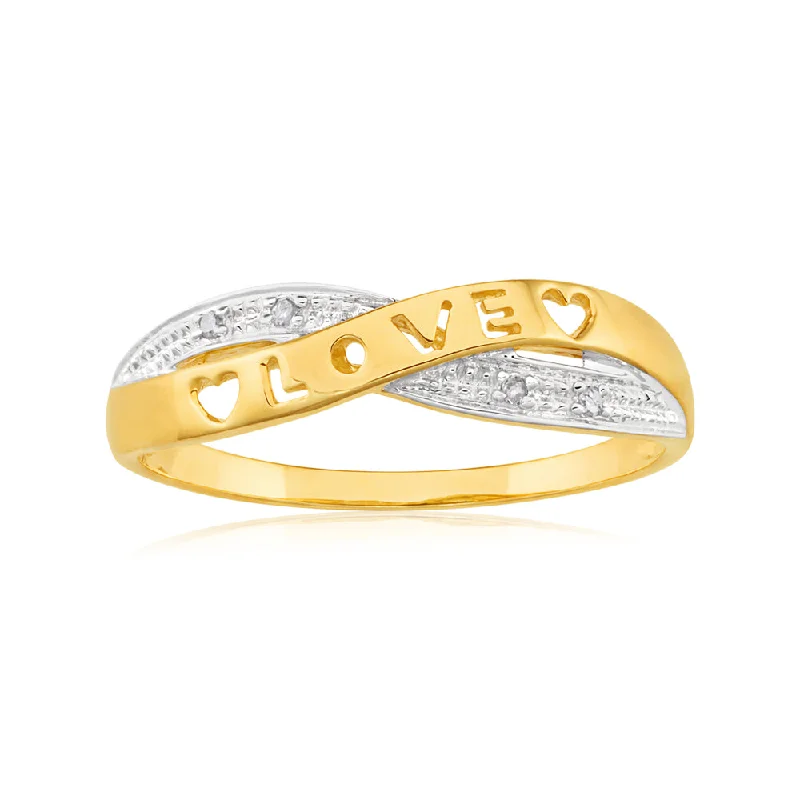 9ct Yellow Gold Love Crossover Ring with 4 Diamonds