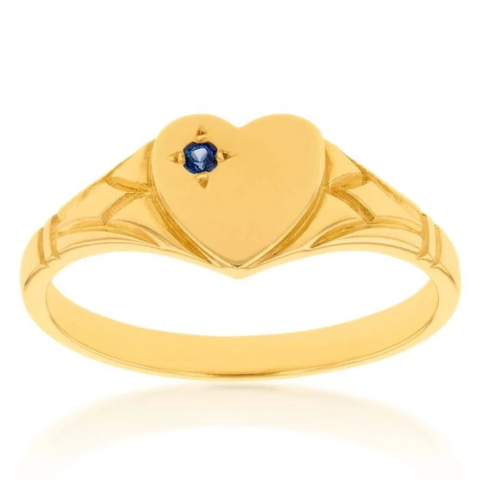 9ct Yellow Gold Sapphire Heart Signet Ring Size L