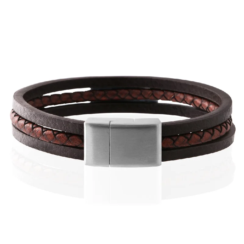 Stainless Steel 3 Band Woven Plait and Plain Strap Leather Bracelet