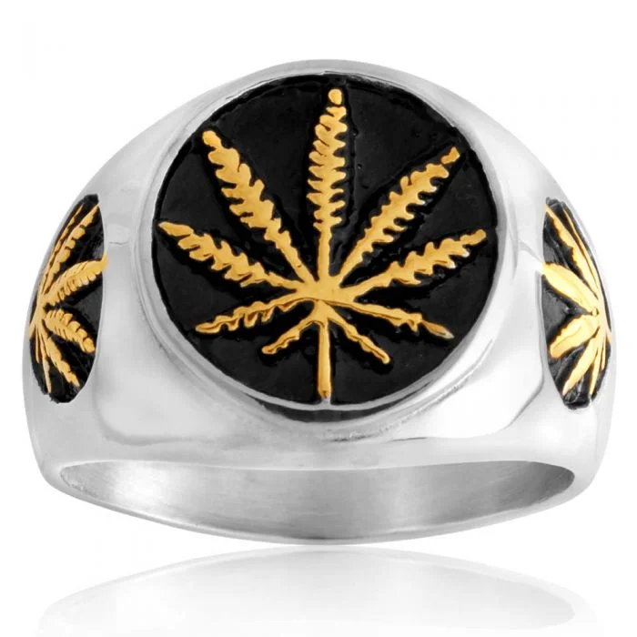 Stainless Steel and Gold Plated Hemp Leaf Ring  *NO RESIZE*