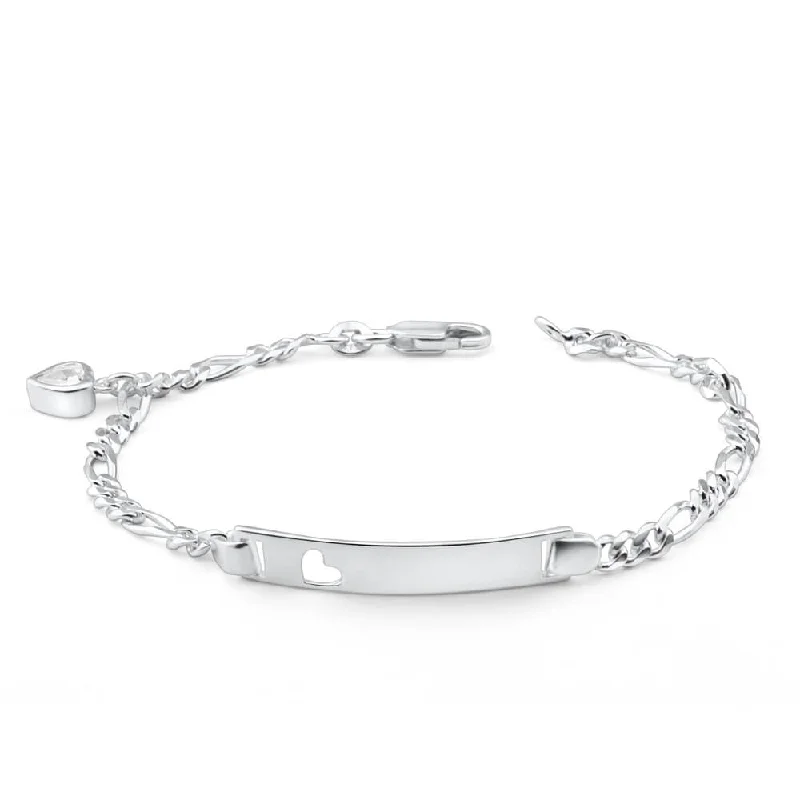 Sterling Silver 19cm Figaro 1-3 Open Heart ID Bracelet with Zirconia Heart Charm