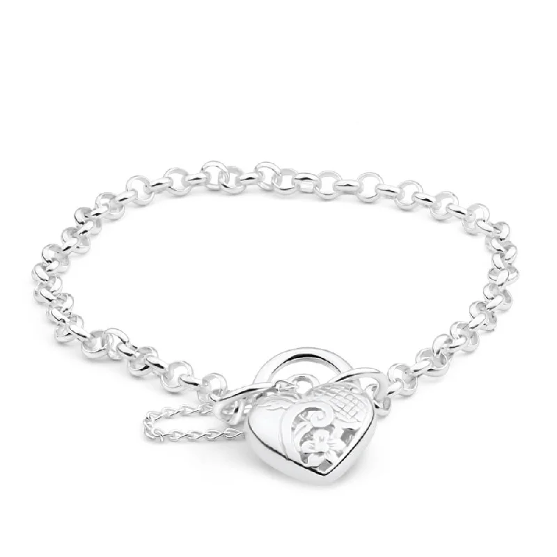 Sterling Silver Belcher Engraved Heart 20cm Padlock Bracelet