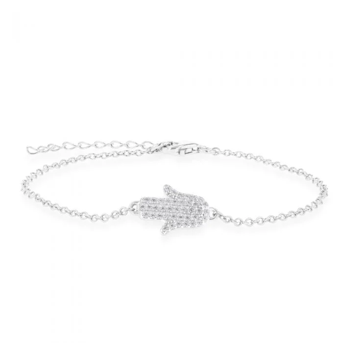 Sterling Silver Cubic Zirconia Hamsa 16+3cm Bracelet