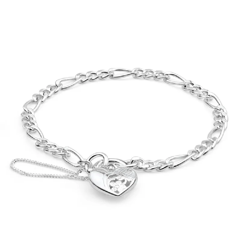 Sterling Silver Figaro 1:3 Heart Padlock Bracelet