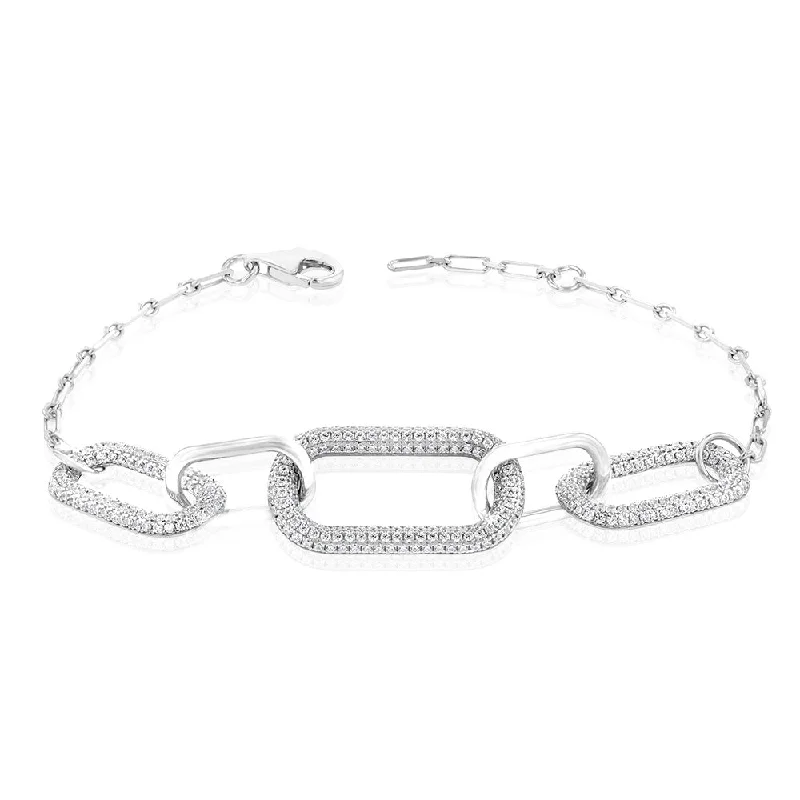 Sterling Silver Rhodium Plated Cubic Zirconia On Chunky Link 19+3cm Bracelet