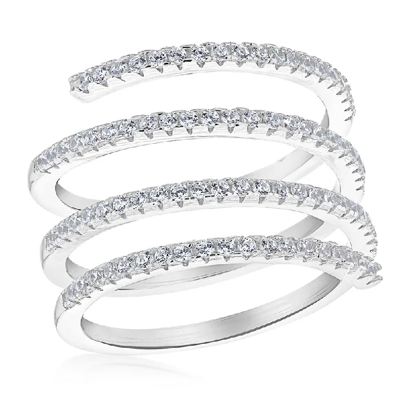 Sterling Silver Rhodium Plated White Cubic Zirconia Spiral Ring