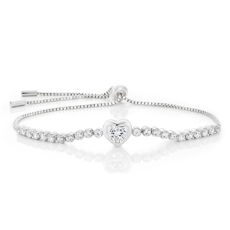 Sterling Silver Rhodium Plated Zirconia Heart Adjustable Bracelet