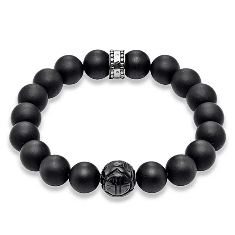 Thomas Sabo Sterling Silver Matt Obsidean Carved Bead 17.5cm Bracelet