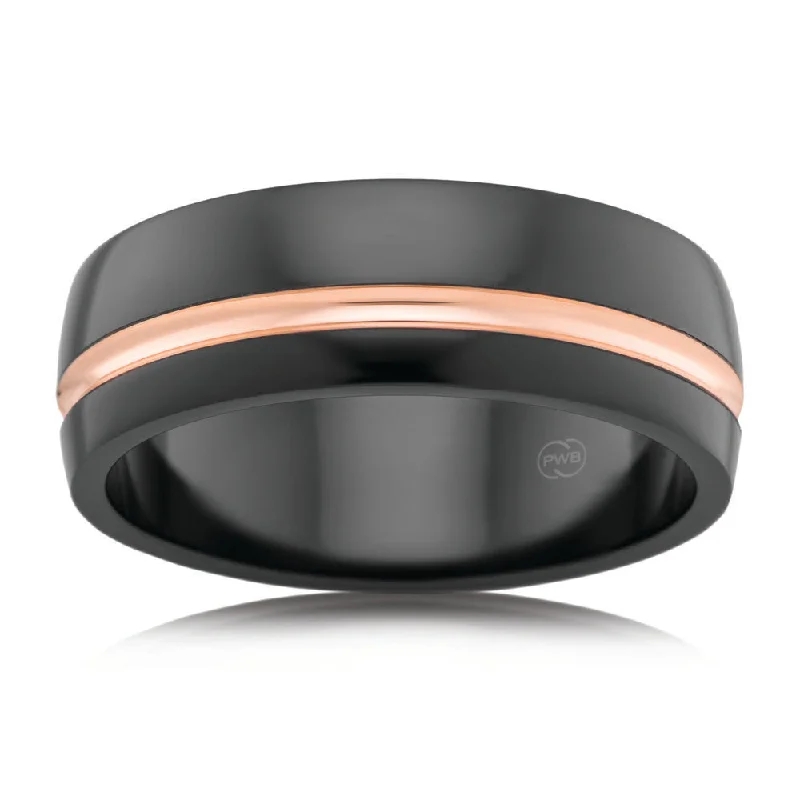 Zirconium and 9ct Rose Gold 8mm Gents Ring. Size U.